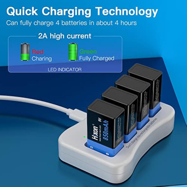 9V Rechargeable Battery 850mAh 9 Volt Battery 4 Pack 9V PP3 6F22 Lithium-ion Batteries with 9V Battery Charger for Smoke Detector Multimeter Toys