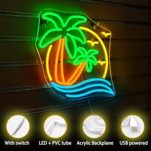 Horseneon Palm Tree Neon Sign Coconut Tree Neon Lights LED Light Sign USB Powered Neon Lights Sea Neon Signs for Bedroom Summer Beach Restaurant Man Cave Beer Cafe Bistro Club Party Decor