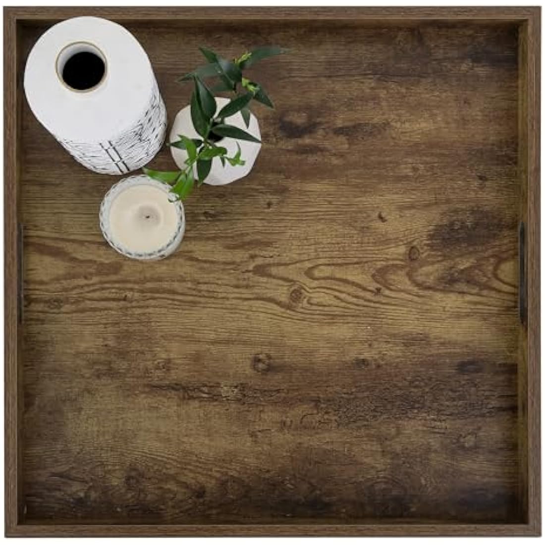 Hanobe Serving Tray Ottoman Large: Decorative Wooden Trays with Handles for Coffee Table - Vintage Brown Square Wood Platter over Footstool Living Room Decor Display Extra 50 cm