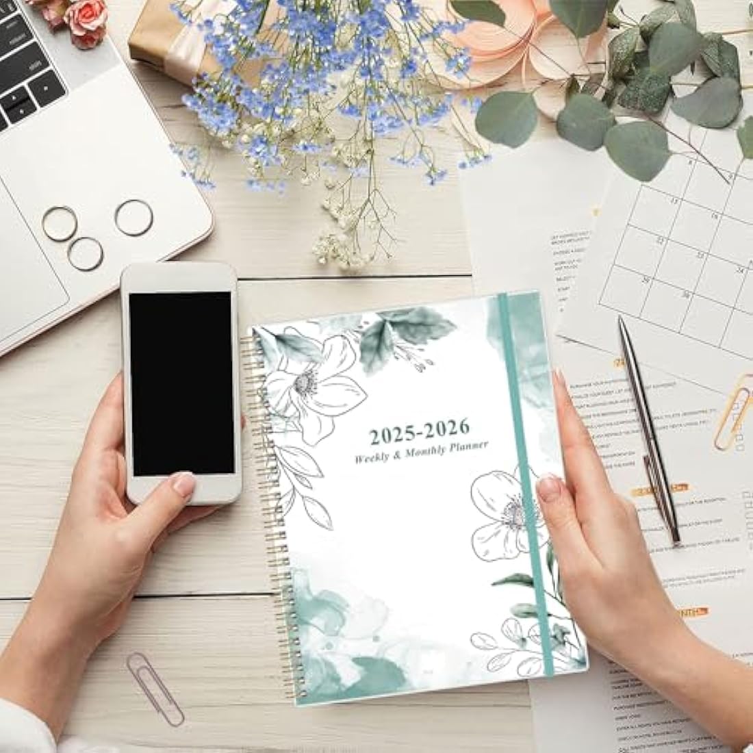 2025 Planner - January 2025 - December 2025, Weekly & Monthly Planner & Journal to Track Goals, 8.5" x 11", Blue Flower