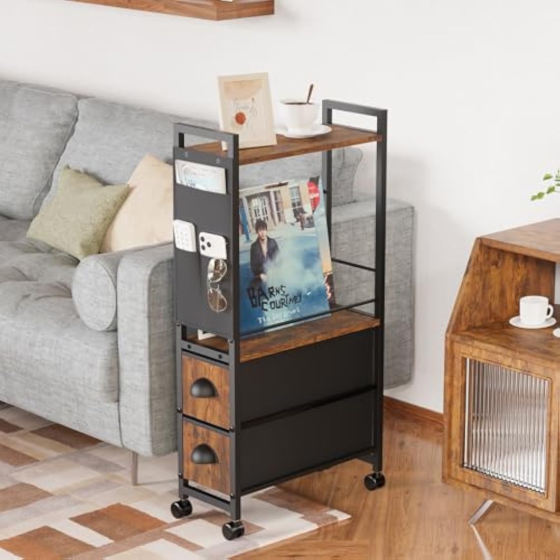 LyTaispuly Narrow Side Table with Drawers&Wheels, Slim Bedside Tables Thin Nightstand, 80cm Tall Sofa End Table Small Magazine Rack with Storage Bag for Living Room, Bedroom Space Saving (Rustic)