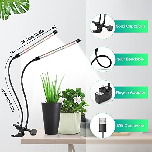 wolezek LED Grow Light Full Spectrum, 2 Pack Indoor Plant Light, 6000K/3000K/660nm 2-Head Plant Growing Lamp with Clip, Auto ON & Off 6/12/16H Timer, 3 Light Modes, 5-Level Dimmable, for Plant Growth
