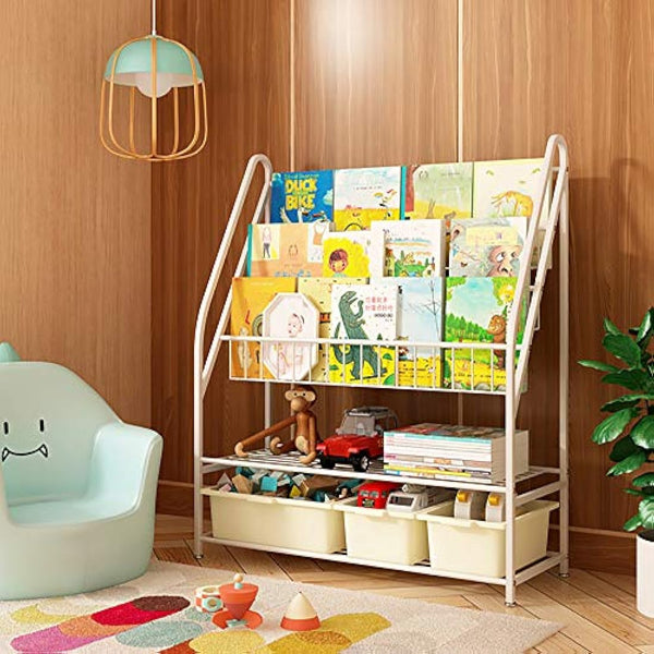 5 Tier Children's Book Organizer, Kids Book and Toys Storage, Space Saving Kids Bookcase, Display Bookshelf Stands Shelf for Study Living Room Bedroom (Plastic Storage Box Not Include)