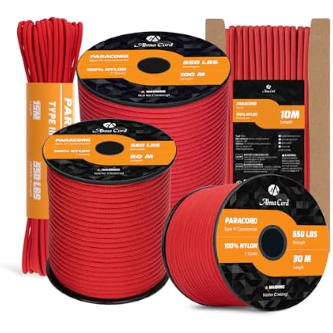Abma Cord Paracord 550 4mm 100m 100% Nylon Rope Type III 7 Strands Parachute Cord for DIY, Camping, Survival, Outdoor - Max. 250kg - Red