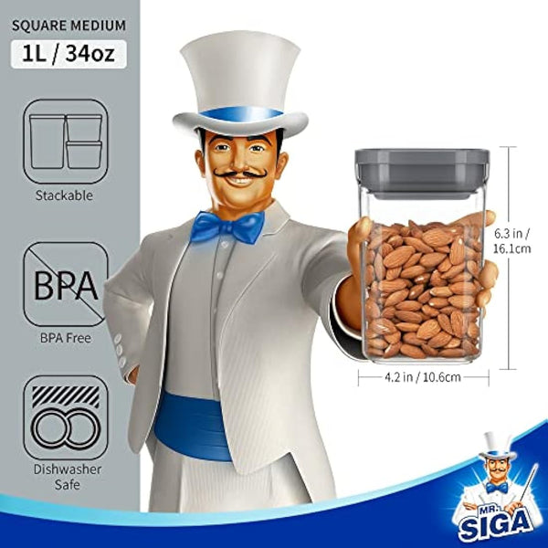 MR.SIGA 4 Pack Airtight Food Storage Container Set, BPA Free Kitchen Pantry Organization Canisters with One-handed Leak Proof Lids, 1L / 33.8oz, Medium, Gray