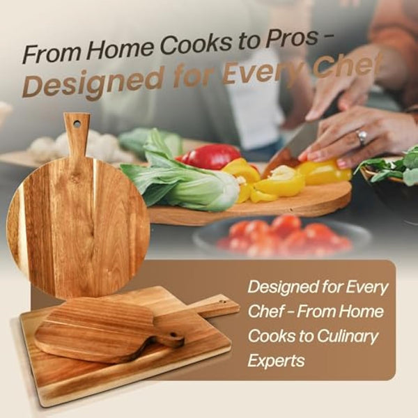 Acacia Round Cheese Board Set 3 Pack with Handles, Wooden Serving Board for Kitchen - Round, Rectangular, and Small Paddle Serving Trays for Cheese, Meat, Pizza, Bread, and Fruits