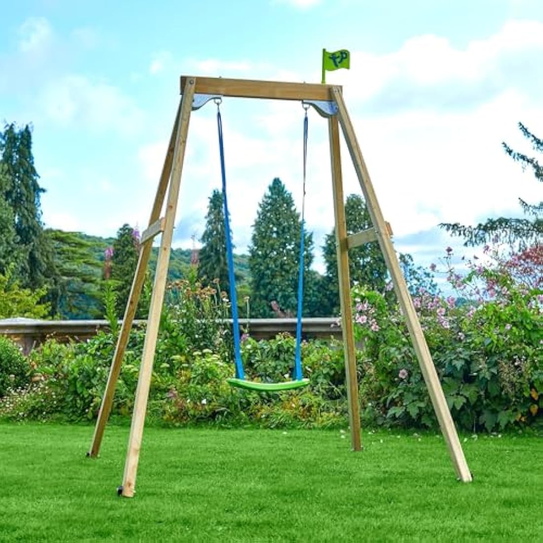 TP Toys Forest Wooden Single Swing Includes 1 Fully Adjustable Rapid Swing Seat, Supplied With Ground Stakes, FSC Certified Pressure Treated Wood, Strong and Sturdy Construction, Age 3 years+
