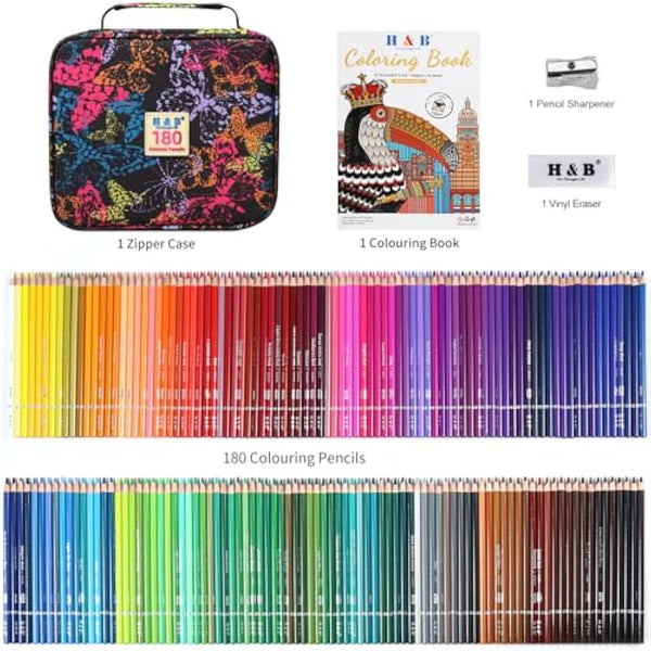 H & B Colouring Pencils Set 180 Oil Based Coloured Pencils Professional Colouring Pencils with Colouring Book Art Set for Beginners Adults Artists