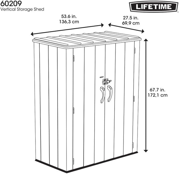 Lifetime 60209 Vertical Storage Shed (53 Cubic feet), Roof Brown, 74 x 142 x 174 cm
