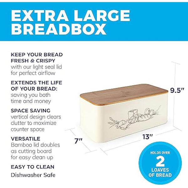 Extra Large Space Saving Vertical Cream Bread Bin with Eco Bamboo Cutting Board Lid - Holds 2 Loaves - White Extra Large Farmhouse Bread Bins for Kitchen Bread Storage Box