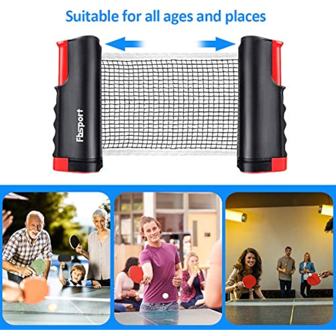 FBSPORT Table Tennis Set, Ping Pong Bats Set with 2 Paddles, 1 Retractable Net, 6 Balls, 1 Carrying Bag, for Trainer Adults Families Indoor Outdoor