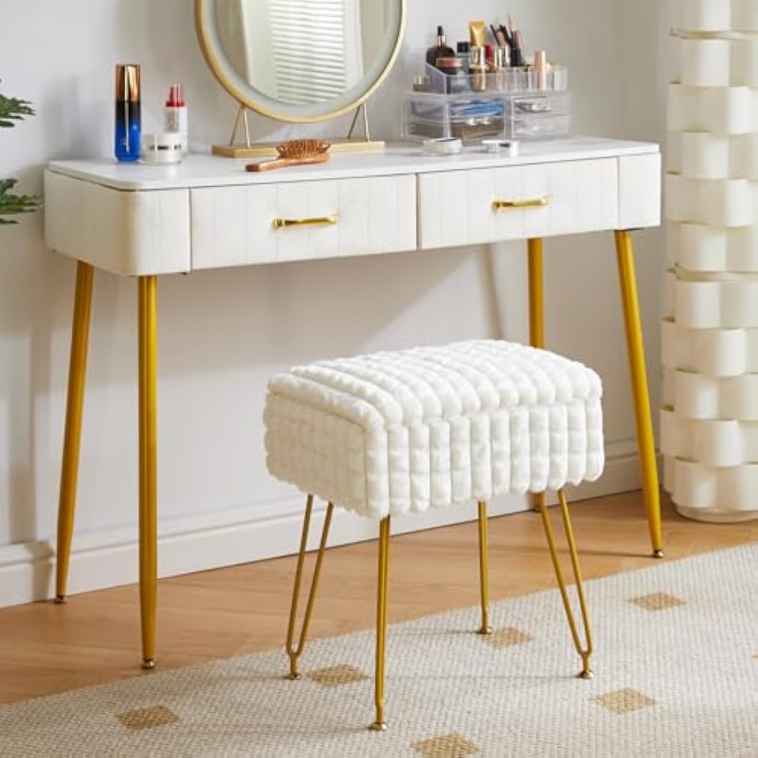 IBUYKE Rectangle Vanity Chair with Storage Space, Footrest Footstool Ottoman, Vanity Stool, Dressing Table Chair, with Anti-Slip Feet, for Makeup Room, Bedroom, Square grid pattern, White WBD004W