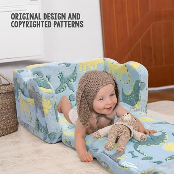 MeMoreCool Kids Couch Sofa, Folding Toddler Chair Bed, Soft Plush Fold Out Kids Armchair Sofa Glow in The Dark, Comfy Baby Recliner for Girls Boys, Glowing Dinosaur, Blue