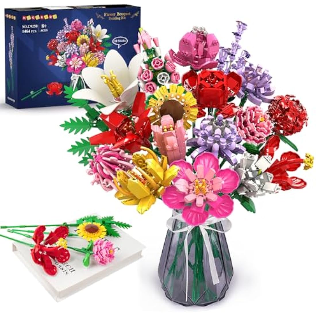 HOGOKIDS Flower Bouquet Set for Mother's Day - 1464PCS Artificial Flowers Botanical Collection | 18 Sticks Ideas Bouquet Gift for Her and Him Decorative Home for Adults Teens Girls Ages 8+