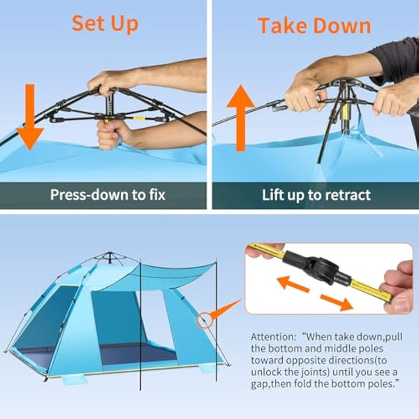 4-5 Person Instant Pop Up Automatic Beach Tent, Extra Large Portable Ventilated Automatic Beach Sun Shelter Tent, UPF 50+ Easy Setup Beach Tent for Picnic,Beach,Garden(Blue)