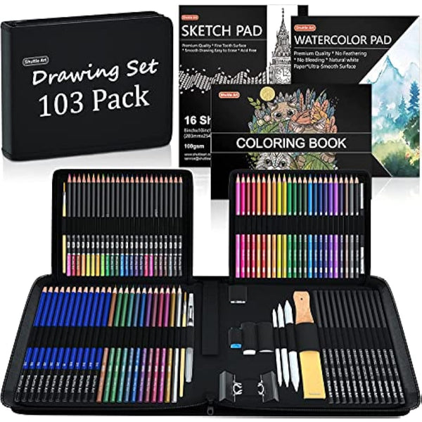 Shuttle Art 103 Pack Sketching and Drawing Set, Sketch Books, Graphite and Colouring Pencils in Sturdy Zipper Case, Art Supplies for Artists, Beginners, Adults