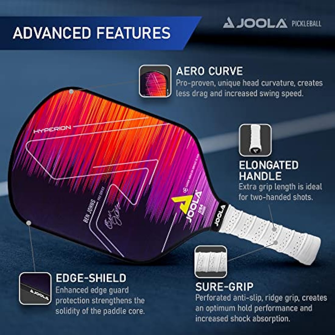 JOOLA Ben Johns Hyperion CFS Pickleball Paddle - Official Ben Johns Paddle - USAPA Approved Racket for Tournament Play - Edge to Edge Sweet Spot, Durable Max Spin Surface & Elongated Handle