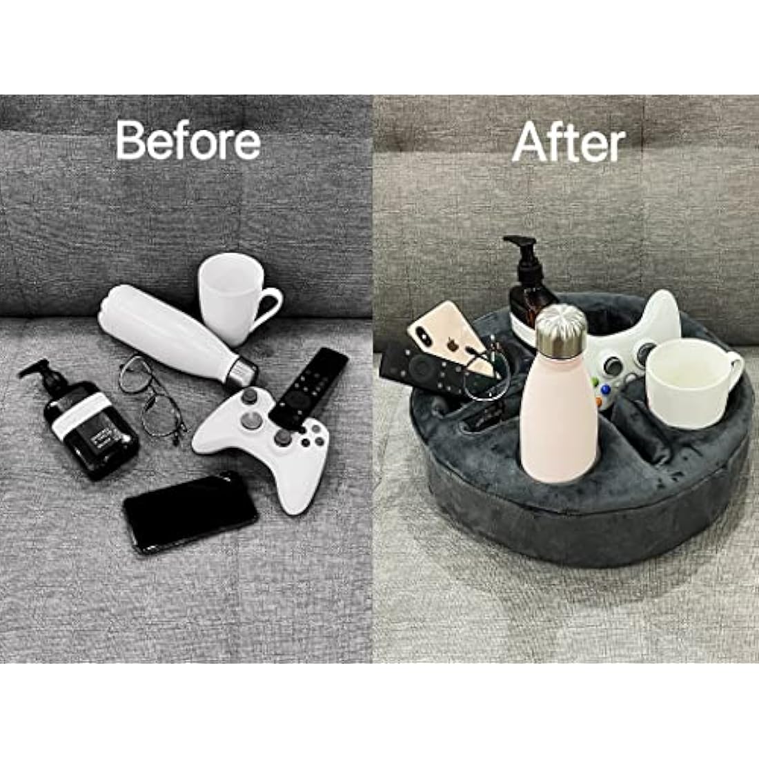 Forzaddik Couch and Bed Cup Holder Pillow, Sofa Organizer Caddy for Drinks, Remotes, Phones, Snacks (Gray)