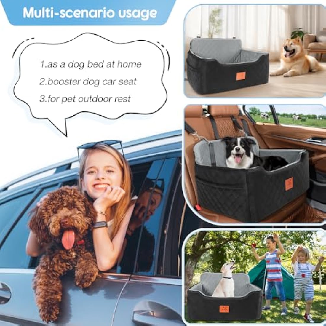 Dog Car Seat for Medium/Large Dogs, Dog Booster Seat for Dog Under 50lbs or 2 Small Dogs, Detachable and Washable Pet Car Seat, Multi-Functional Travel Dog Bed & Dog Sofa(Black/Grey)