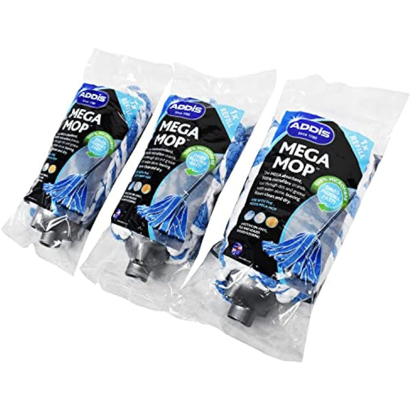 Addis Mega 100% Microfibre Mop Replacement Refill Heads, Super Soft Highly Absorbent Knitted Technology, Pack of 3, White, 5131903AMP, Blue & Metallic, Triple Pack