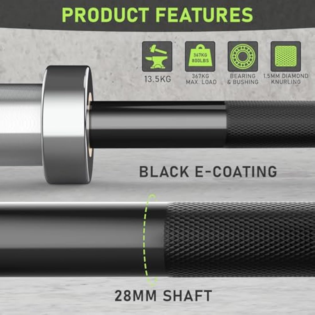 PhysKcal 4ft, 5ft, 6ft Barbell, Olympic EZ Curl Bar with Smooth Bushing & Bearing for 2'' Weight Plates, International Barbells for Press, Squat, Deadlift and Multiple Purposes