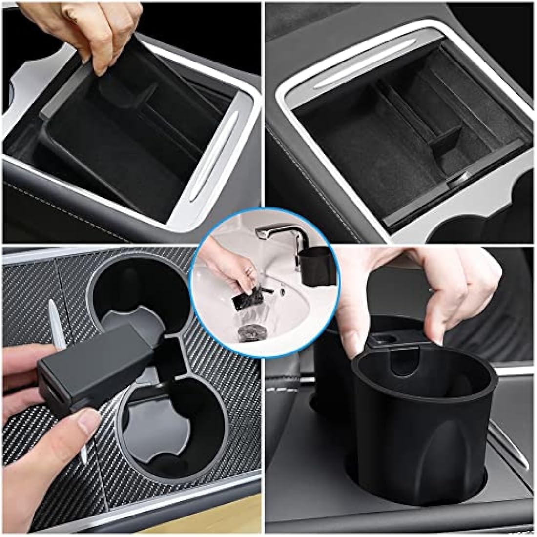 Center Console Organizer Tray + Armrest Hidden Storage Box + Cup holder 3 PCS for Tesla Model 3 Model Y 2023 2022 2021, Car Interior Flocked Hidden Cubby Drawer, Drink Holder