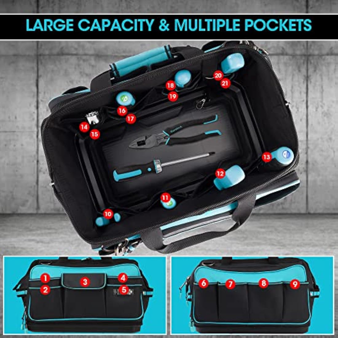 DURATECH Tool Bag 17-inch, 32 Pockets Large Tool Bag, Hard Base Wide Open Mouth Storage Bag, 840D Heavy Duty Tool Bags with Adjustable Shoulder Strap, Suitable for Household and Maintenance Personnel