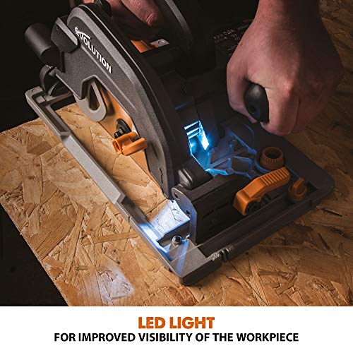 Evolution Power Tools R185CCSX Circular Saw With 1020 mm 3-Piece Track | Multi-Material Blade, Cuts Wood, Metal, Plastic & More | Incl Dust Port Adapter | 185mm (230v)