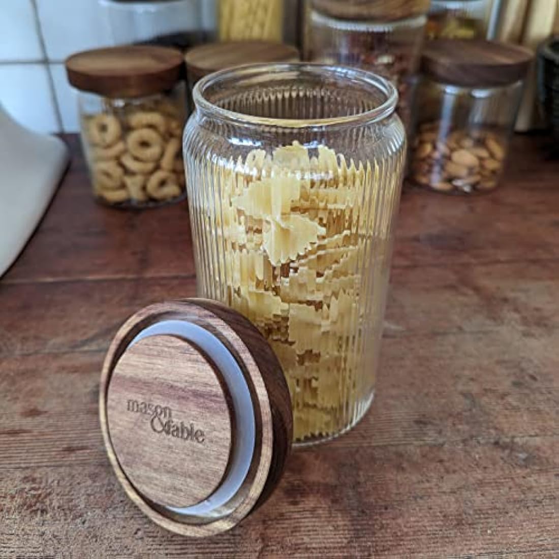 Mason & Fable Ribbed Glass Jar with Wooden Lid 800ml-Set of 3| Airtight Fluted Storage Canister for Food, Pasta, Coffee, Dog Treats, Snacks | Container for Home & Kitchen