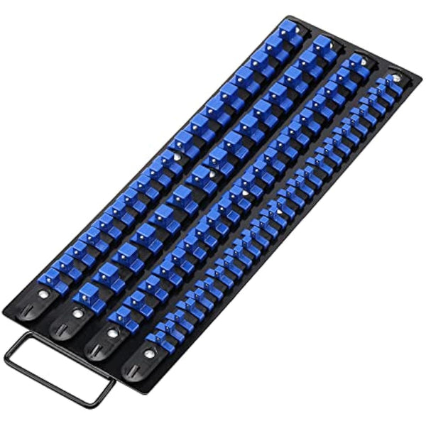 CASOMAN 80-Piece Heavy Duty Socket Organizer Tray, 1/4-Inch, 3/8-Inch, 1/2-Inch,Premium Quality Socket Holders,Black Rails with Blue Clips, Best Unique Tool Gift for Men