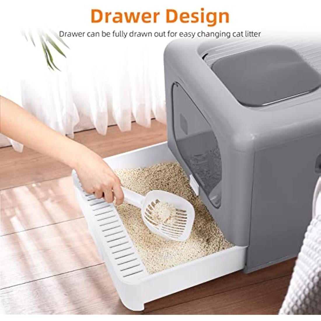 BingoPaw Cat Litter Tray Box: Foldable Top Entry Large Cats Toilet with Lid - Hooded Kitten Litter Tray Easy Cleaning Drawer Design with Scoop Grey