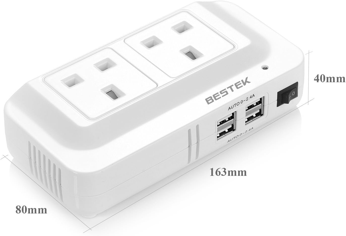 BESTEK 200W Power Inverter DC 12V to AC 230V 240V Dual Socket Car Voltage Converter Transformer with 4 USB Car Charger