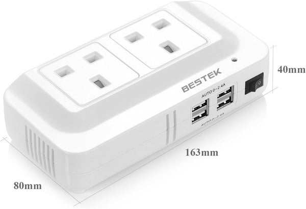 BESTEK 200W Power Inverter DC 12V to AC 230V 240V Dual Socket Car Voltage Converter Transformer with 4 USB Car Charger