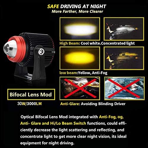 OPP ULITE Motorcycle Driving Fog Lights, White Amber LED Auxiliary Headlights 30W Waterproof LED Spotlight Work Light for Motorcycle Quad Scooter Car Truck Boat Bike