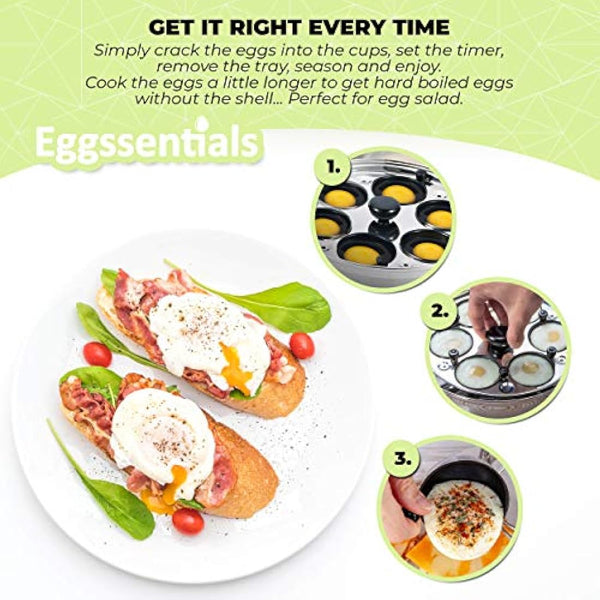 Eggssentials Poached Egg Maker - Nonstick 6 Egg Poaching Cups - Stainless Steel Egg Poacher Pan Food Grade Safe PFOA Free with Bonus Spatula