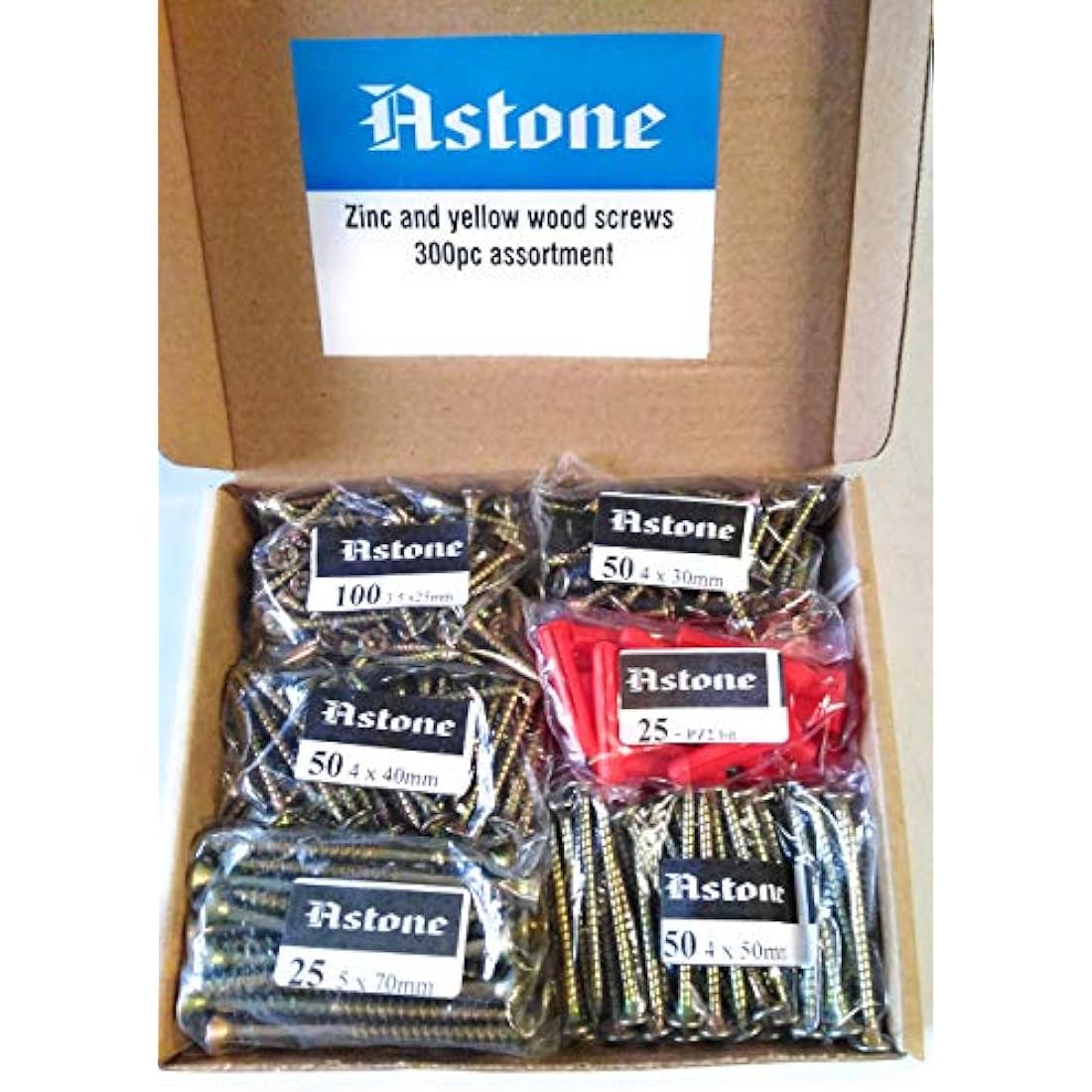 Astone Wood Screw assortment (300pc: 5 x 70mm, 4 x 50mm, 40mm, 30mm, 3.5 x 25mm)