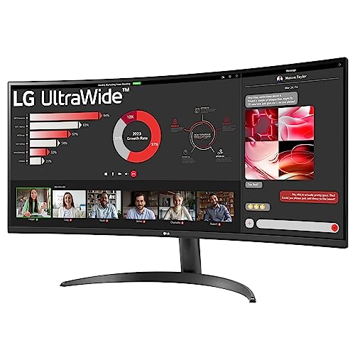 LG Electronics Curved UltraWide Monitor 34WR55QK, 34 inch, 1440p, 100Hz, 5ms Response Time, VA Panel, Smart Energy Saving, USB-C (65W Power Delivery), Displayport, HDMI
