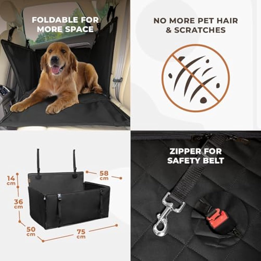 Extra Stable Dog Car Seat - Reinforced, Waterproof Pet Car Seat for Medium-Sized Dogs with 4 Fastening Straps (L Size, Black)