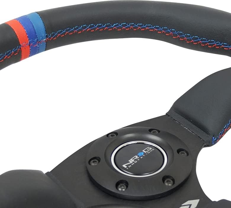 NRG Innovations NRG-RST-023MB-R-M3 Reinforced Steering Wheel 350mm Diameter 50mm Depth Sport Leather Racing (2.5" Deep) Comfort Grip, 4mm Matte Black Spoke With M3 Stitching And Line