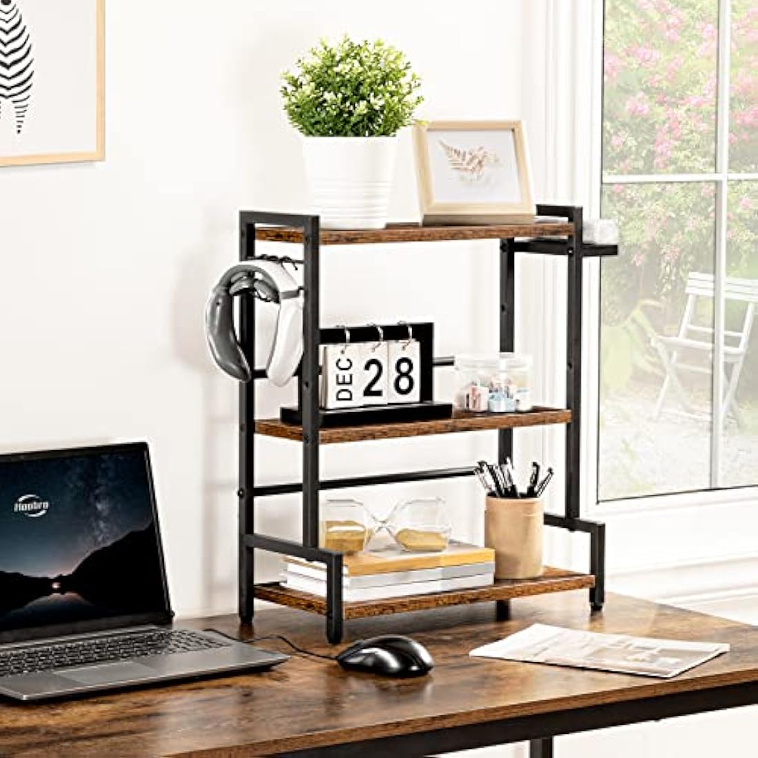 HOOBRO Spice Racks, Countertop Organiser Shelf, Desktop Organiser, Free Standing Desktop Shelves, Kitchen Storage Rack, Space Saving, for Spices, Jars, Oil Bottles, Rustic Brown and Black EBF01TL01