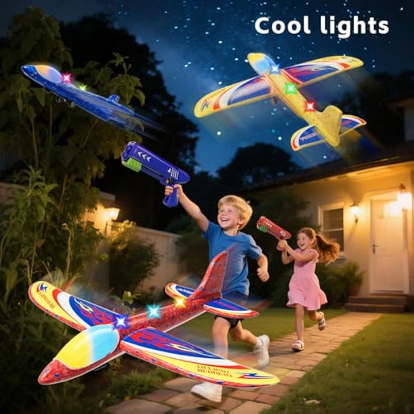 Doloowee 3 Pack Airplane Launcher Toys, 12.6 Inch LED Foam Glider Airplane Catapult, 2 Flight Modes, Outdoor Sports Flying Toys 4 5 6 7 8 9 10 11 12 Years Old Boys Girls Birthday Gifts (Blue)