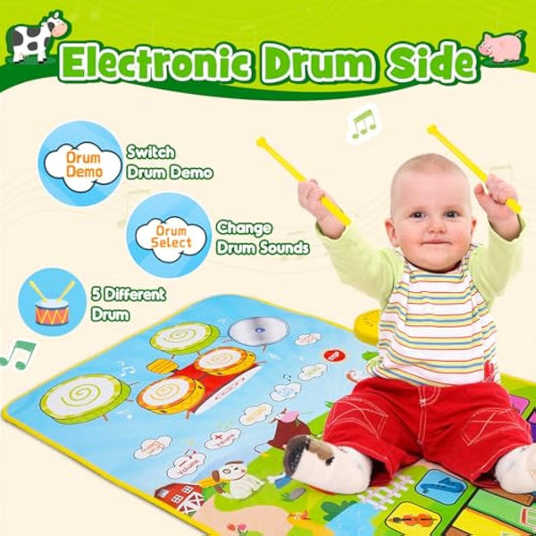 HappyGoLucky Musical Toys for 1 2 Year Old Boys, 3 in 1 Animal Piano Drum Mat with 19 Sound & Recording Function Toddler Toys 1 2 Year Old Boy Gifts, 1st Birthday Gifts for Boys Easter Gifts for Kids