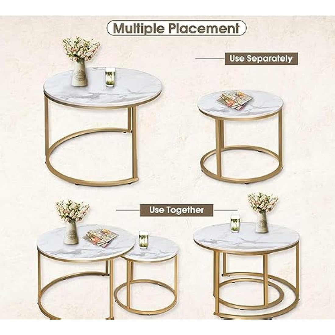 Huhote Round Coffee Tables, Set of 2 End Table, Nesting Tables, Side Table with Metal Frame for Living Room/Bedroom/Balcony/Office/Apartment, Diameter 23.6/15.7 IN (Gold Frame, White Marble Top)