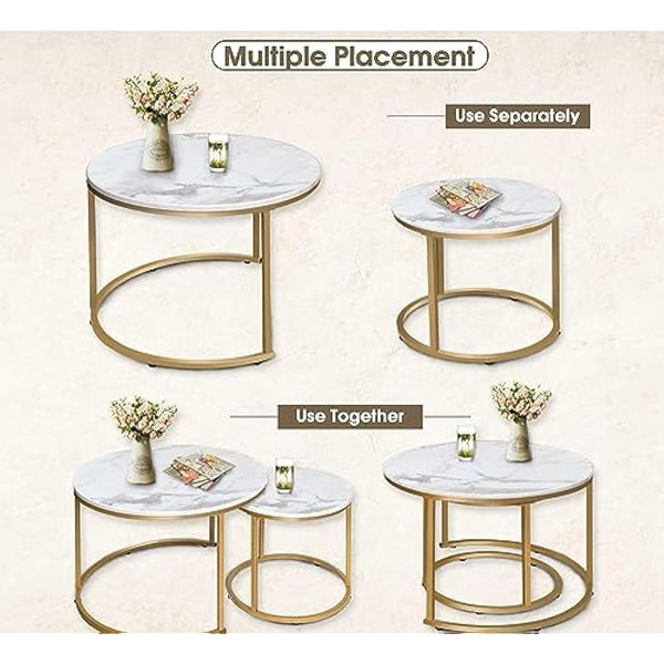 Huhote Round Coffee Tables, Set of 2 End Table, Nesting Tables, Side Table with Metal Frame for Living Room/Bedroom/Balcony/Office/Apartment, Diameter 23.6/15.7 IN (Gold Frame, White Marble Top)