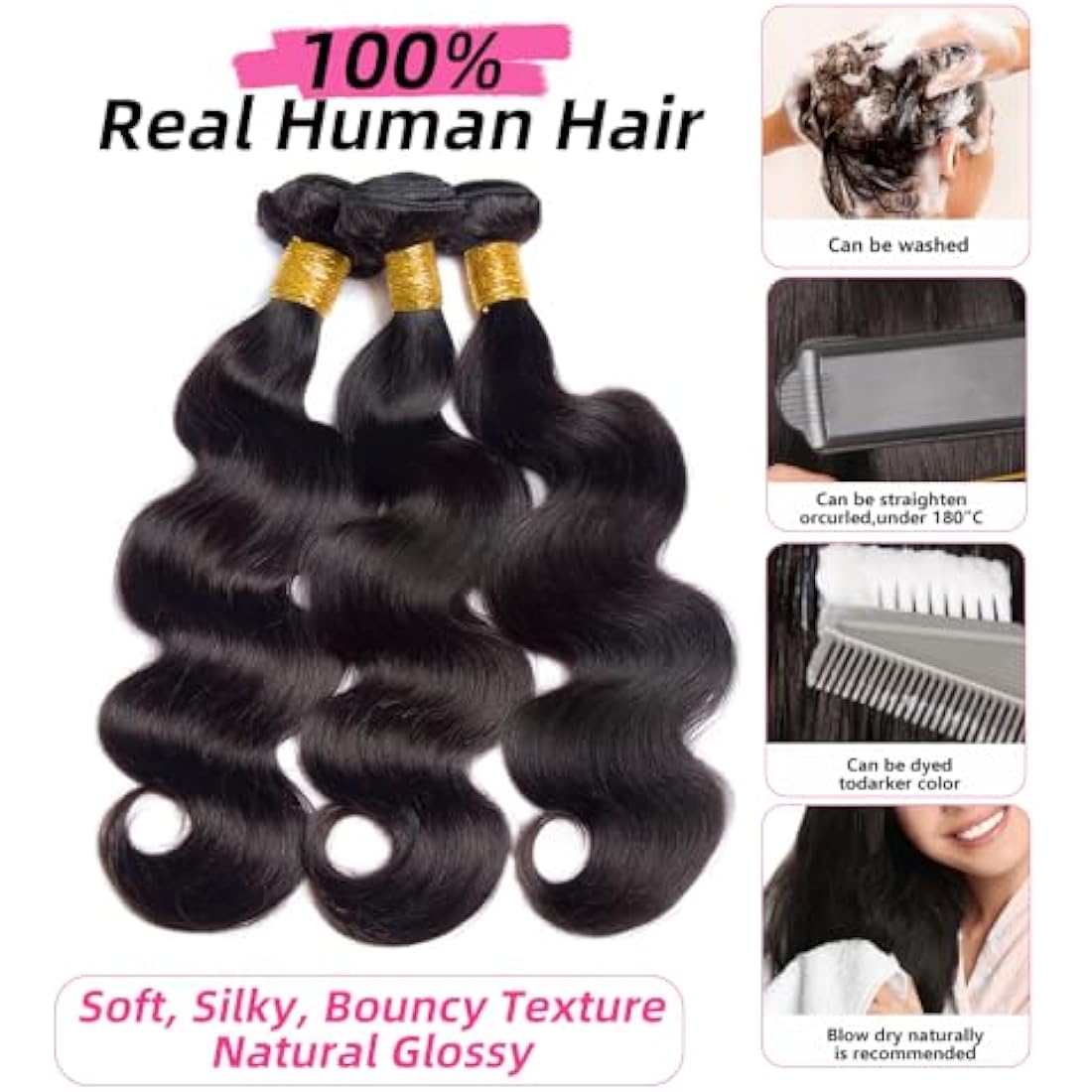 Body Wave Bundles Human Hair Bundles 12A Grade 100% Unprocessed Brazilian Virgin Hair Bundles Body Weave Wavy Bundles Deals Quick Weave Hair Extension (20 22 24)