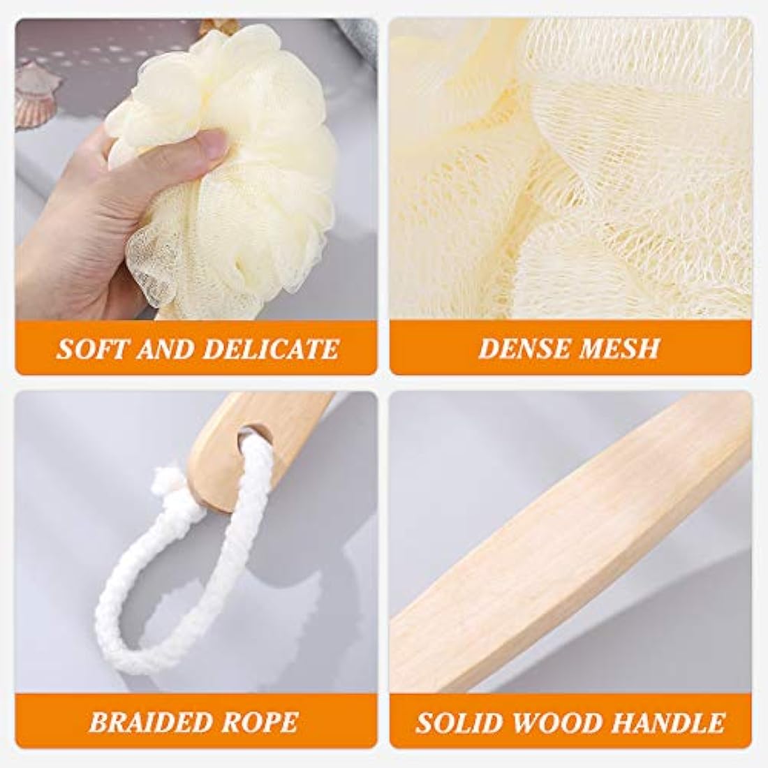 Healifty Body Scrubber for Shower with Wooden Long Handle Loofah, Body Shower Brush Back Scrubber, Loofah Sponge for Use in Shower and Bath, Exfoliate Dead Skin for Women, Men, Seniors