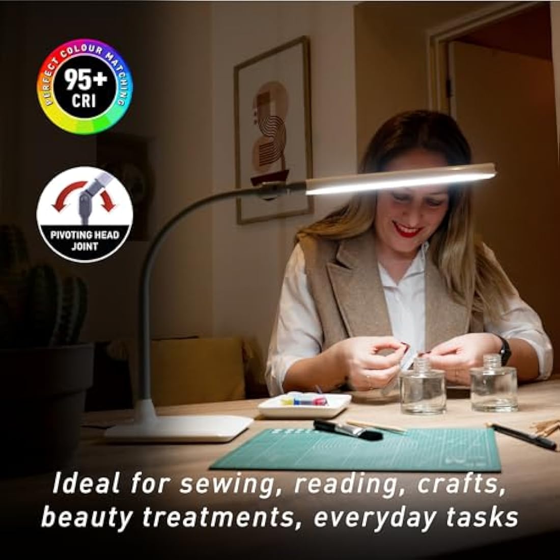 Daylight UnoPro Table - New, 6,000K LEDs, 1,150 Lux, 4 Brightness Levels, Anti-Glare Shade, Flexible Arm, Pivoting Head Joint - Ideal for Sewing, Reading, Crafts - White
