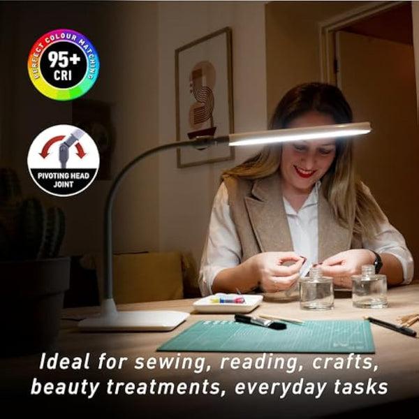 Daylight UnoPro Table - New, 6,000K LEDs, 1,150 Lux, 4 Brightness Levels, Anti-Glare Shade, Flexible Arm, Pivoting Head Joint - Ideal for Sewing, Reading, Crafts - White