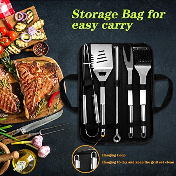 10PCS BBQ Grill Tool Set, GQC Stainless Steel Barbecue Grilling Utensils Kit with Carry Bag, Spatula, Tongs and Fork BBQ Tool Accessories for BBQ Cooking Outdoor Camping