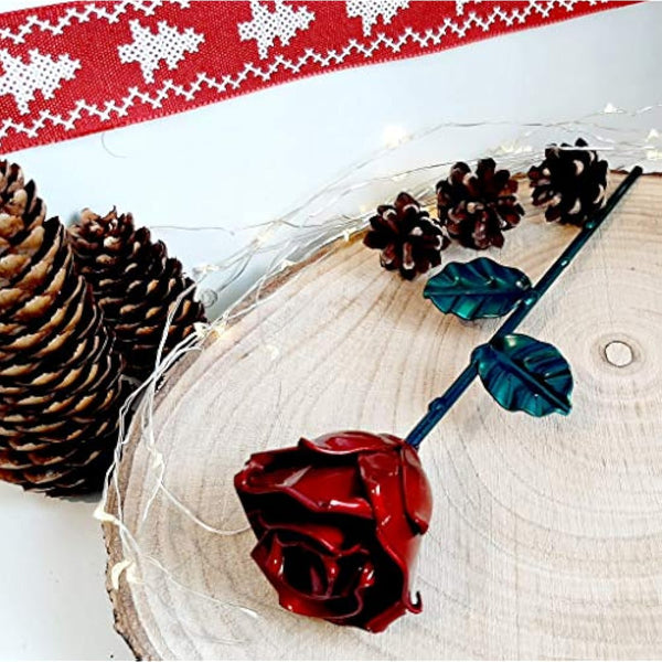 Forging Art Bcn® Hand Forged Eternal Wrought Iron Rose - Gift for Valentine's Day, Mother's Day, 6th Year Wedding Anniversary (Red/Green Without Base)